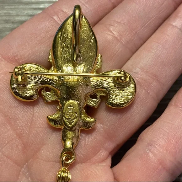 Vintage Signed Premier Designs Gold & Red Enamel Fleur de Lis Brooch & Pendant - Picture 3 of 6